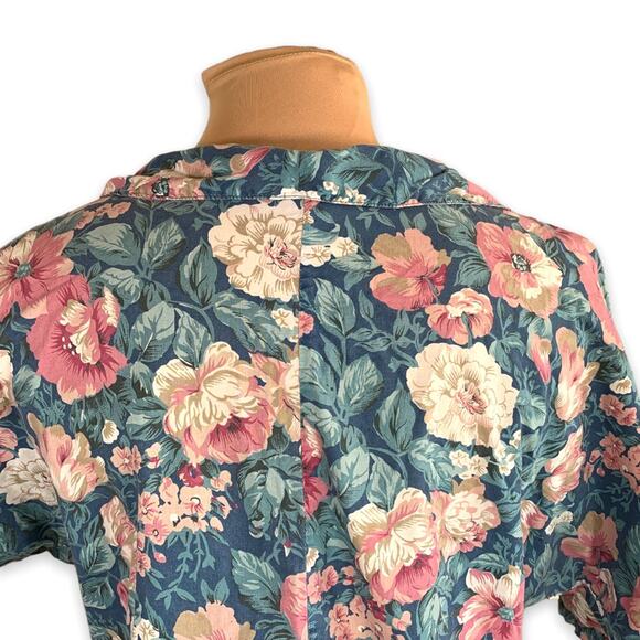 Vintage 90s Dark Floral Button Up Shirt Blue Pink Green Peter Pan Collar Cottage - Picture 6 of 11